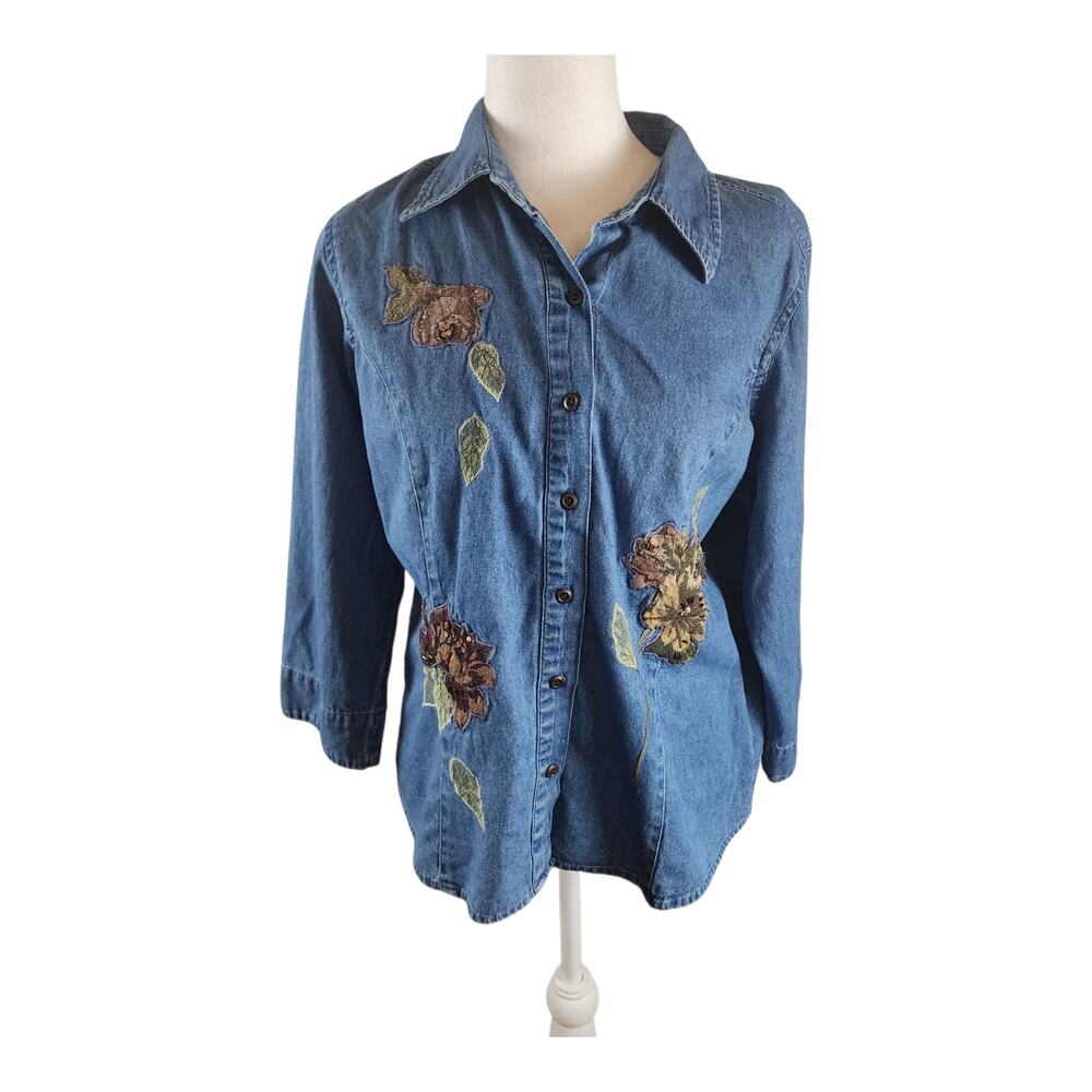 VTG 90s Lemon Grass Denim Floral Embroidered Shirt L Cottagecore, Grandma Core